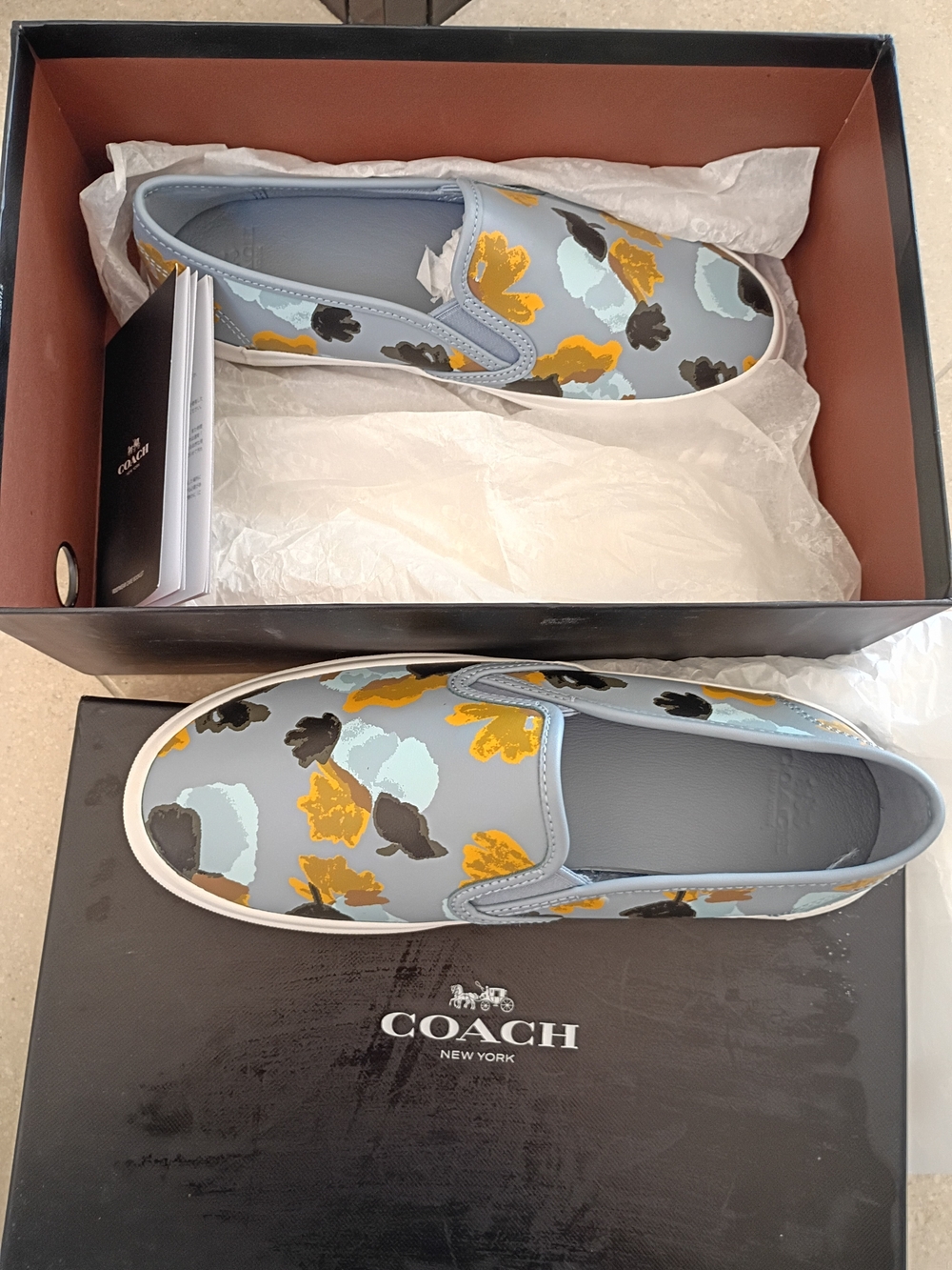 Coach Slip-On Flats in Light Blue with Yellow and Black Floral Print